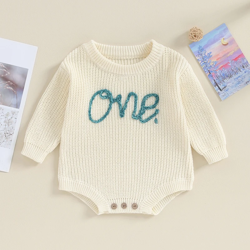 

BeQeuewll Infant Baby Knit Jumpsuit For 9-18 Months Letter Embroidered Long Sleeve Round Neck Romper Fall Winter Outfits