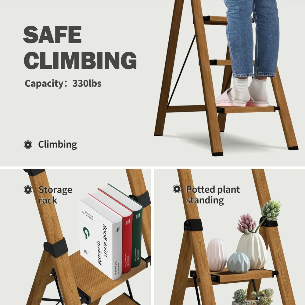 4 Step Ladder,Lightweight Folding Step Stool with Anti-Slip Aluminum Wide Pedal&Convenient Handgrip,330lbs Capacity Steel Ladder