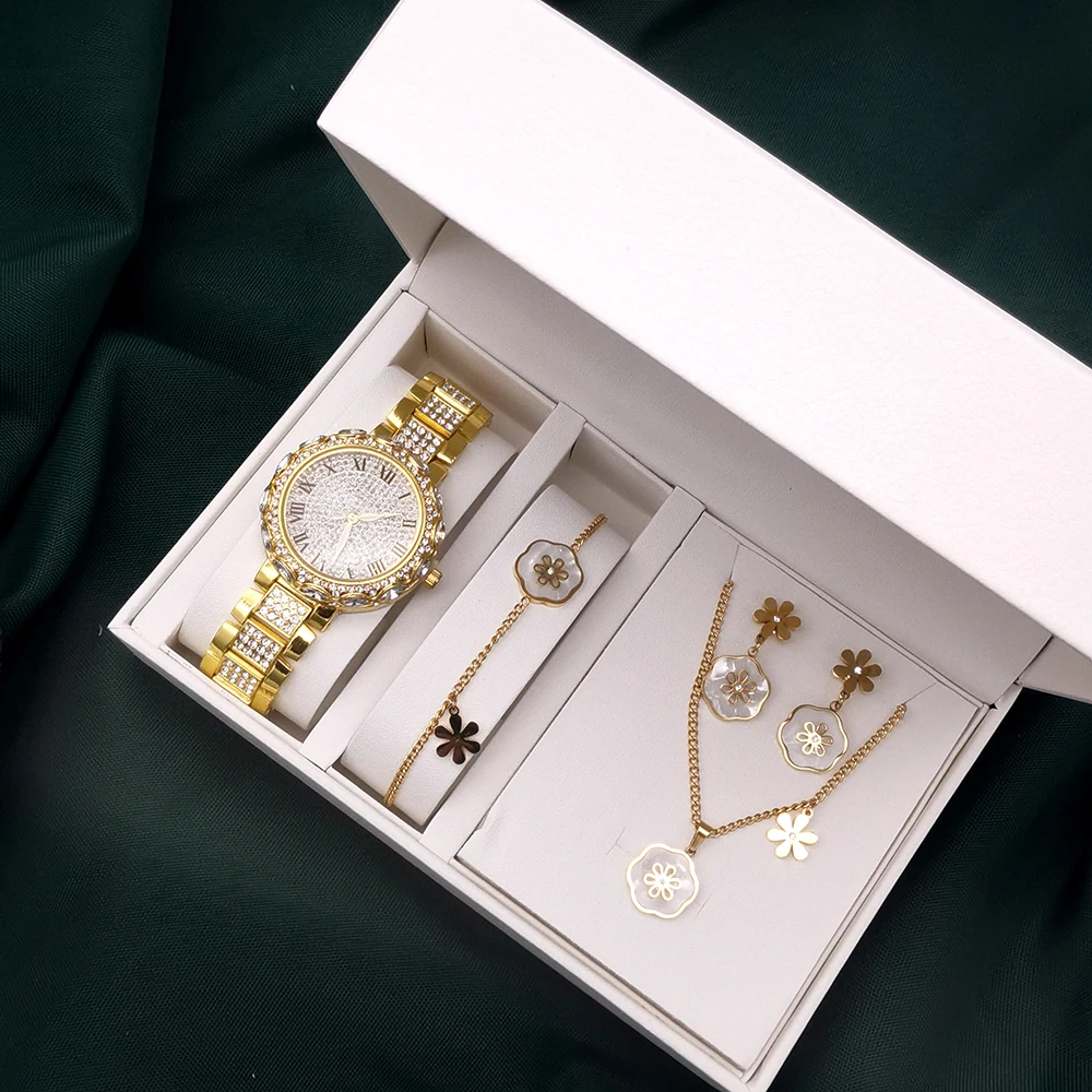 Women Quartz Watch With Flower Jewelry Set For Women Rhinestone Watch Steel Clock Necklace Bracelet Earrings Ring Set + Box