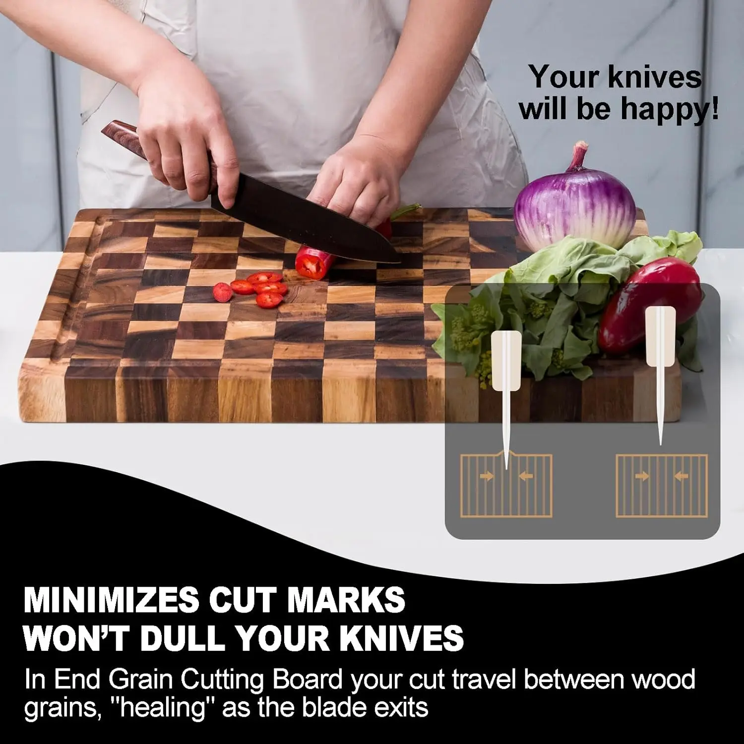 Customized Spliced Chessboard End Grain Cutting Board Acacia Wood Cutting Board with Handle for Charcuterie Butcher Block