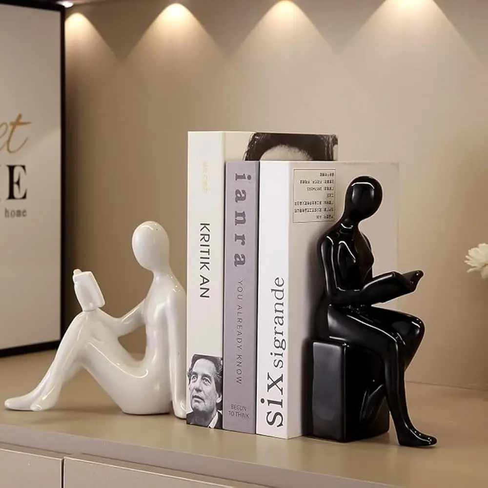 Pembaca Buku Patung Keramik Dekoratif Bookends, Ujung Buku Hitam dan Putih untuk Buku, Dekorasi Rak Tempat Buku Modern Estetika