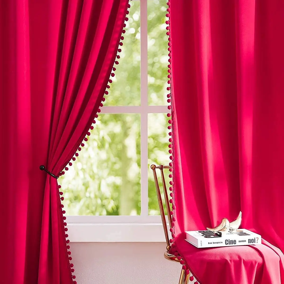 Tende rosse in velluto con pompon 95 "" pollici Set di tende oscuranti per camera da letto del soggiorno tende per finestre morbide vacanze invernali