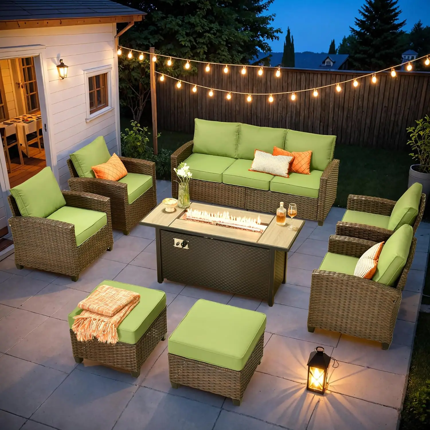 

8 Pieces Patio Furniture Set, Outdoor Wicker Sofa Couch With 54" Fire Pit Table Comfy Cushions, All Weather Brown, Customized