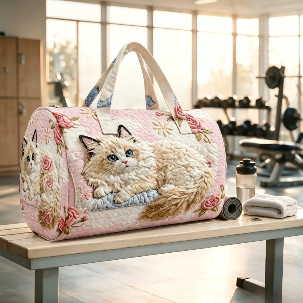 Pink Quilted Flower Doll Cat Rose Large Capacity Women's Fitness Sports Weekend Travel Handbag Overnight Shoulder Bag