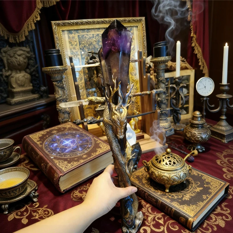 Natural crystal above one meter, natural wood wand is oversized.
