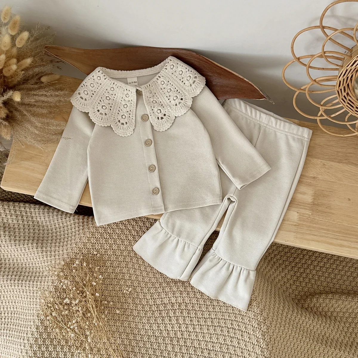 2PCS Spring Autumn New Born Baby Set Comfortable Large Lace Collar Single-breasted Long Sleeve Pant Baby Girl Clothes