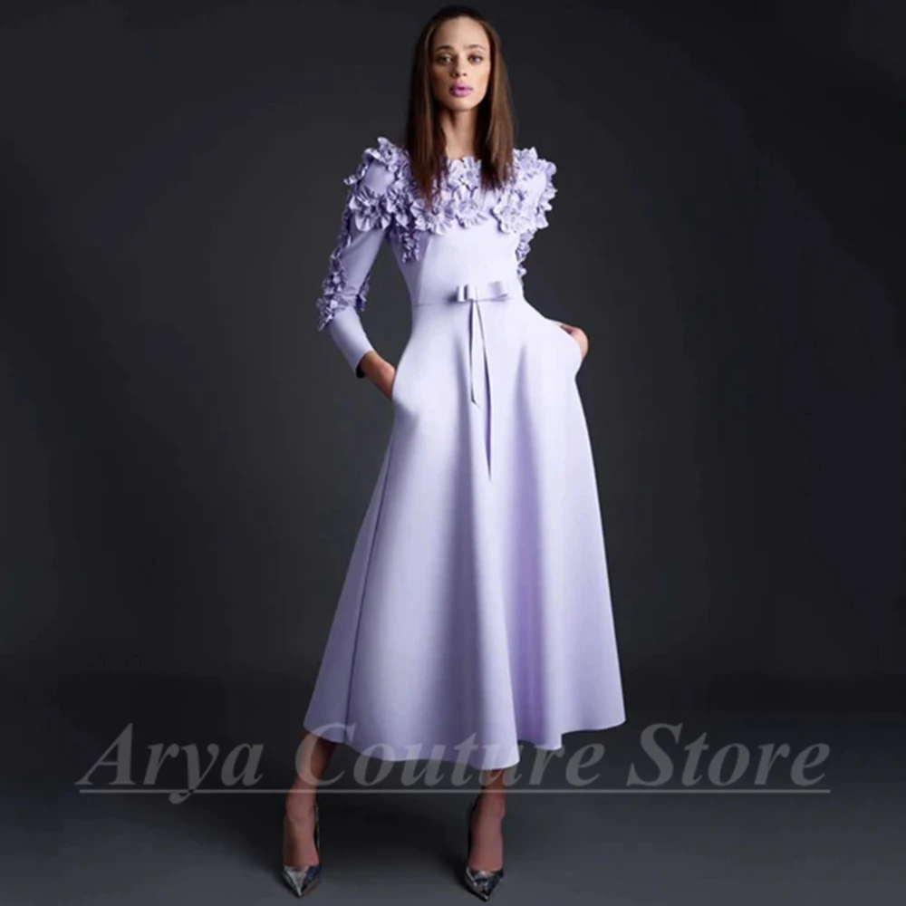 Chic Flowers Long Sleeve Evening Dress O-Neck A-Line Tea-Length Women Party Banquet with Pocket and Bow Lavender Customize Gowns