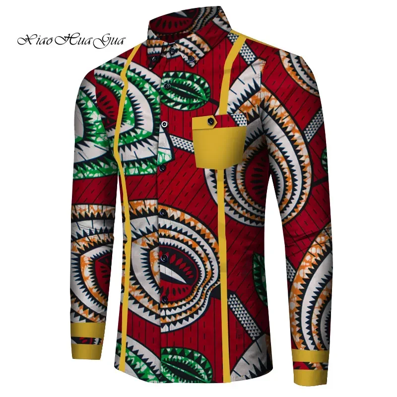 Men Long Sleeve Shirt Bazin Riche Traditional African Clothing Cotton Print Dashiki Tops African Clothes Causal Shirts WYN818