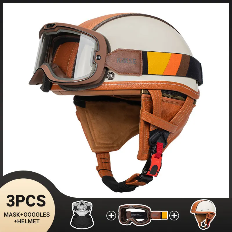 

Milky White Motorcycle Helmet Retro Scooter Motorbike Half Helmet ECE Certification Casco Moto Four Seasons Discolored Goggle