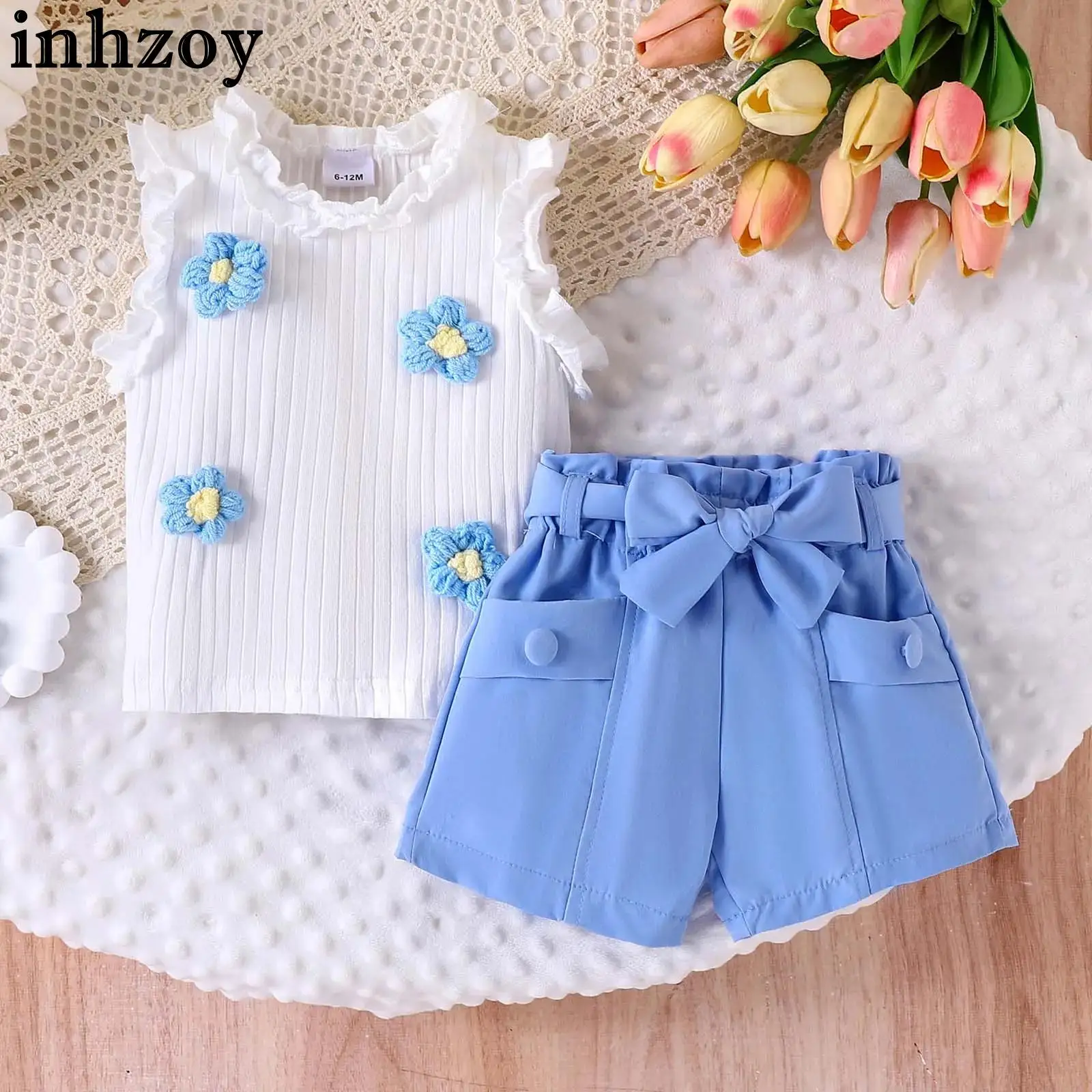 

Little Girls Casual Cute Outfit Summer Sweet Flowers Ribbed Vest Top with Shorts Belt for Party Holiday Photography Daily Wear