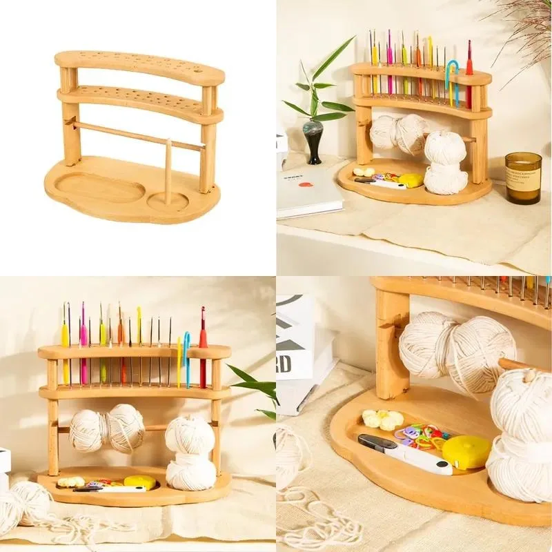 Custom Wooden Double Layer Tabletop Shelf for Living Room Crochet Knitting Wool Storage Rack Organizer