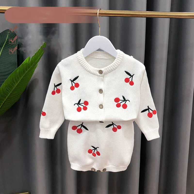 Infant Girls Spring Autumn Clothes Set Cherry Embroidery Cotton Baby Girls Cardigan Knitted Slip Dress Newborn Girls Cute Suit