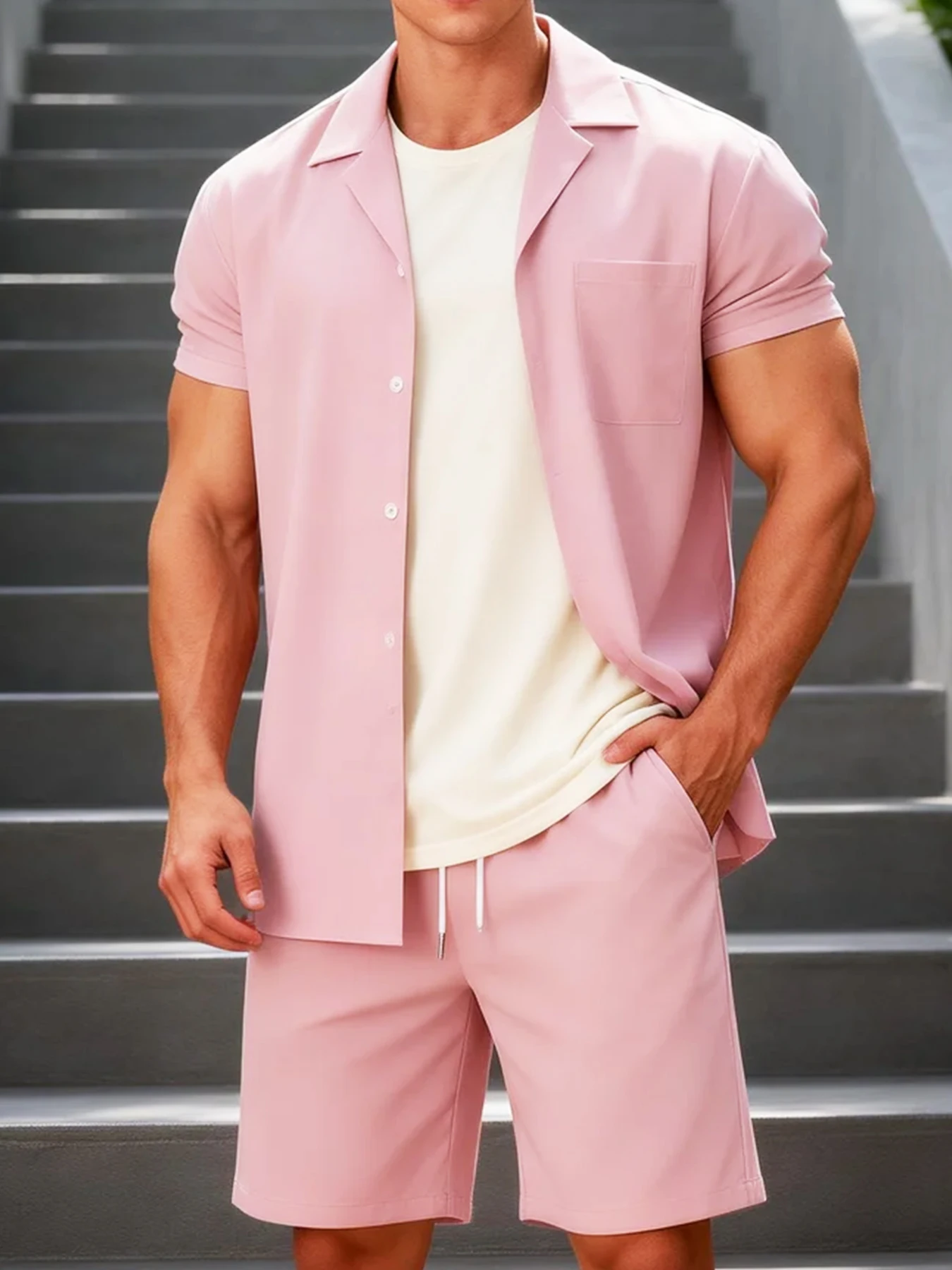 Ensemble deux pièces pour homme, couleur unie, col cubain, chemise à manches courtes avec poche + short à taille élastique avec cordon de serrage, tenue décontractée polyvalente pour homme, été