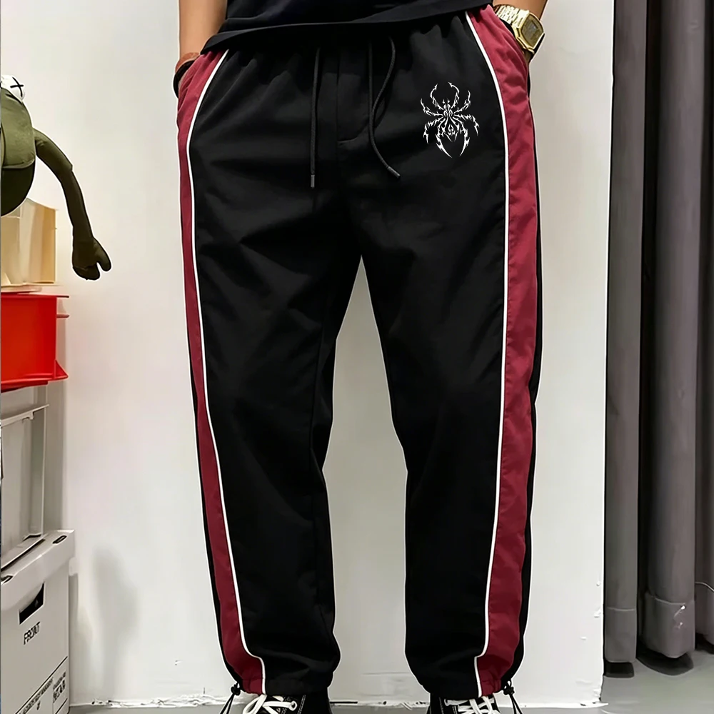 

Y2K Men's Track Pants Wine Red Side Striped Track Pants Gothic Spider Print Casual Streetwear Elastic Waist Drawstring Joggers