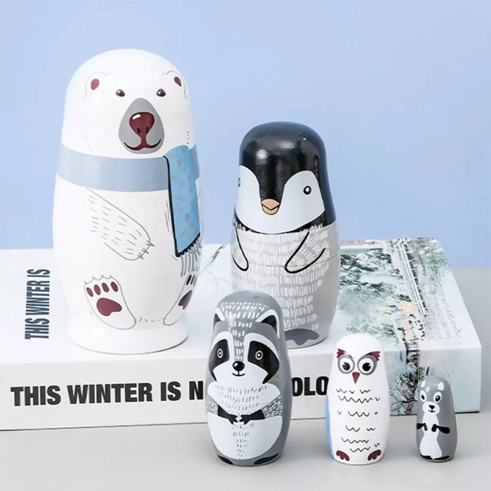 5Pcs 6" Tall Russian Nesting Doll Wooden Handmade Stacking Dolls Toys Gift Home Decorations Matryoshka Ornaments for Kids