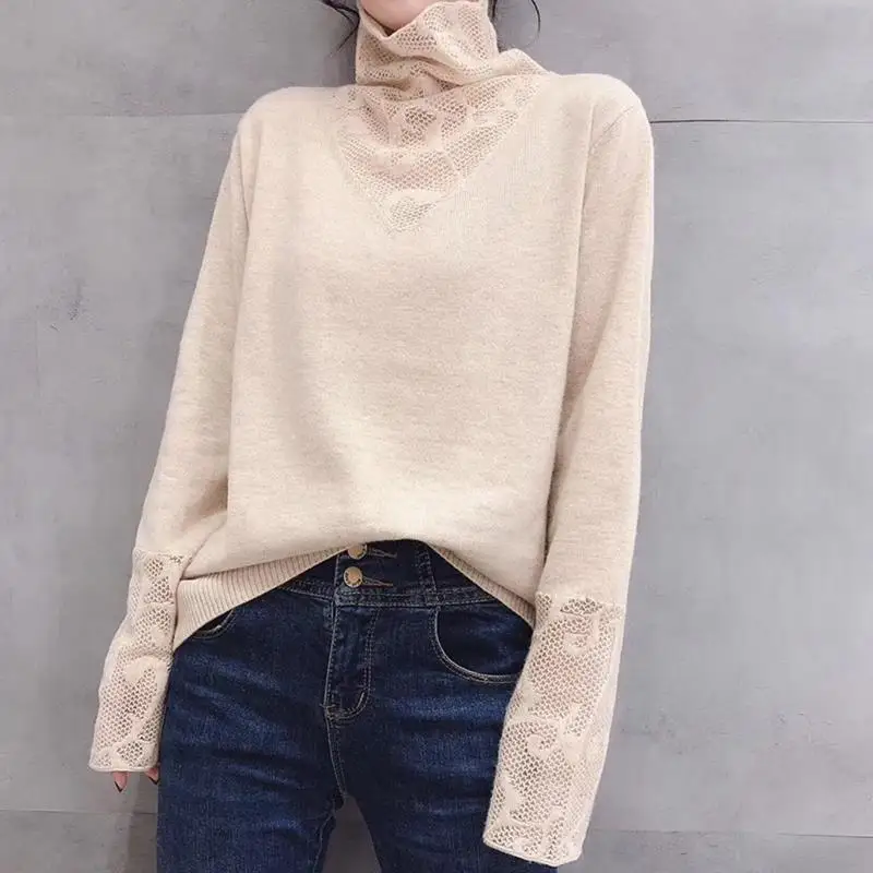 Korean Elegant High Collar Hollow Basic Knitted Sweater for Women Fashion Solid Loose Long Sleeve Pullovers Tops Jumper Clothing