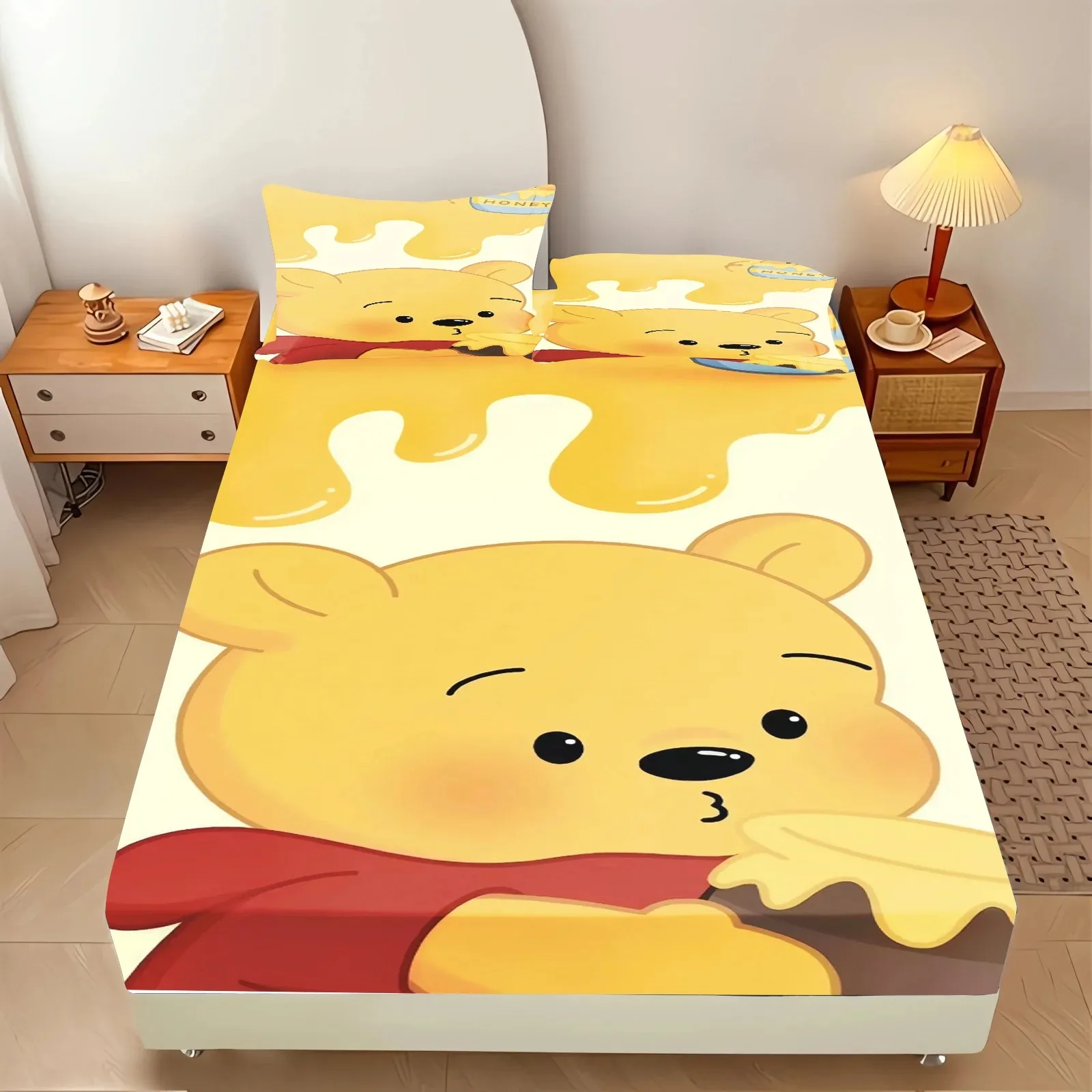 Cartoon Winnie the Pooh printed bed sheet with pillowcase, Disney cartoon bedding, boy and girl bedroom bedspread, customizable