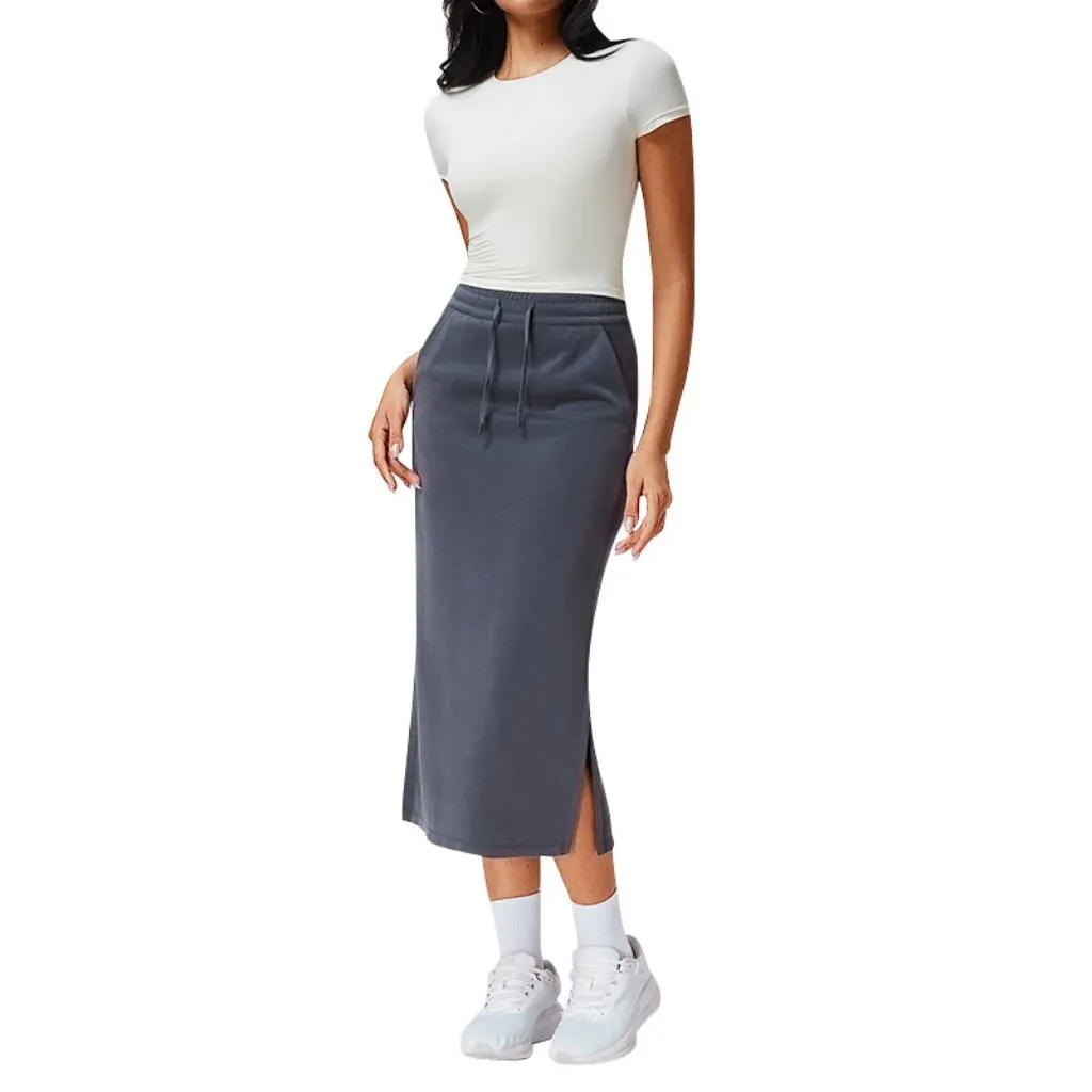 

Lulu's Slimming Mid-Length Skirt with Slit Hip-Covering Straight Elastic Waist Drawstring Simple Versatile Women's Skirt