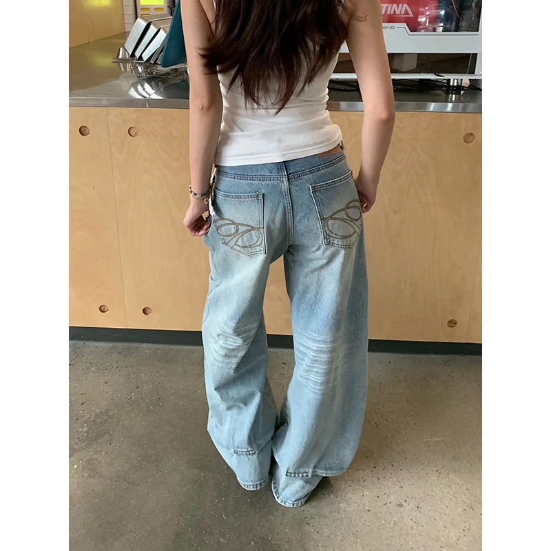 YIBASHU Women Baggy Jean American Retro Denim Blue Pants Y2k Design High Street Wide Fit Cowboy Japanese Harajuku Long Trousers