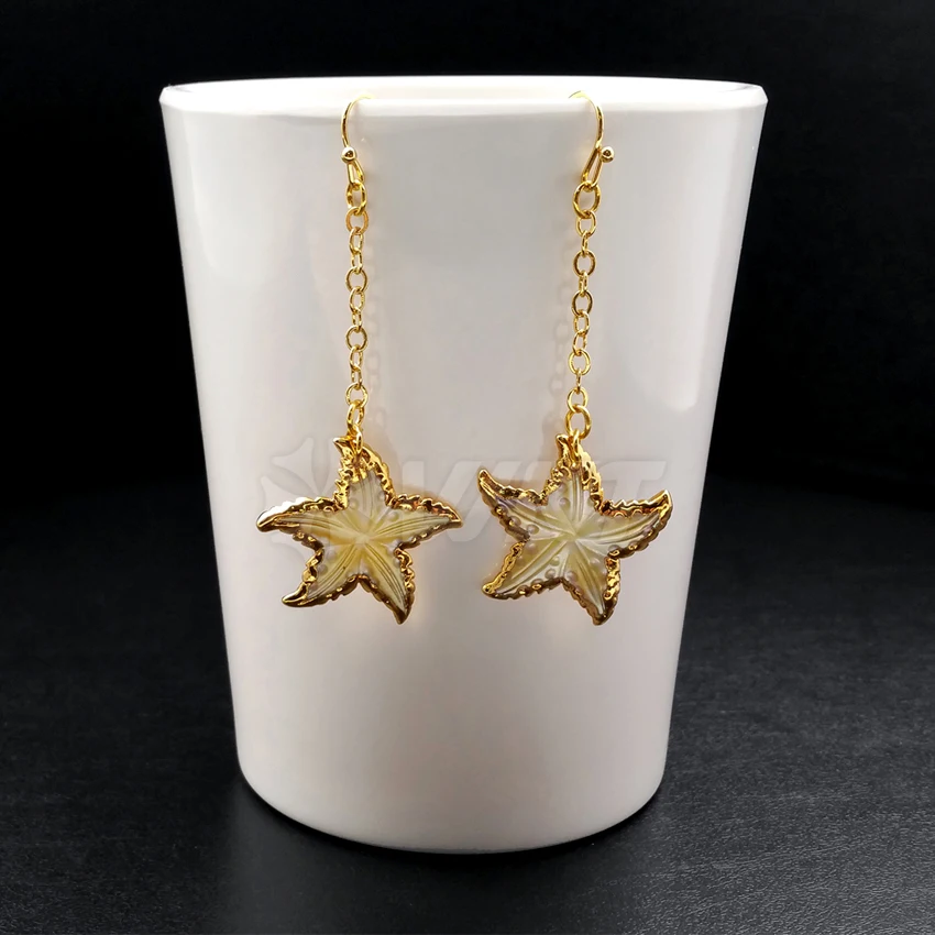 WT-E347 Wholesale Natural Starfish Earrings With 24K Gold Edged Silver Black Colors For Women Birthday Gift Jewelry Accessory
