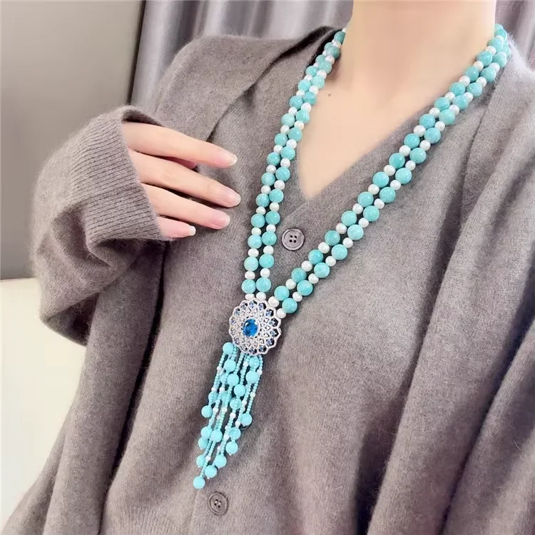 

Natural Amazonite stone pearl necklace tassel double-layer sweater necklace