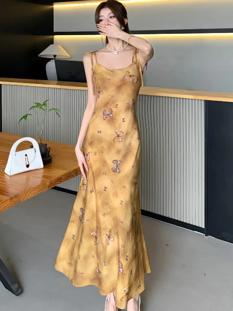 2024 New Fashion Print Chic Bow Sling Long Dress Summer Elegant and Pretty Holiday Dress Women Korean Bodycon Dance Party Dress