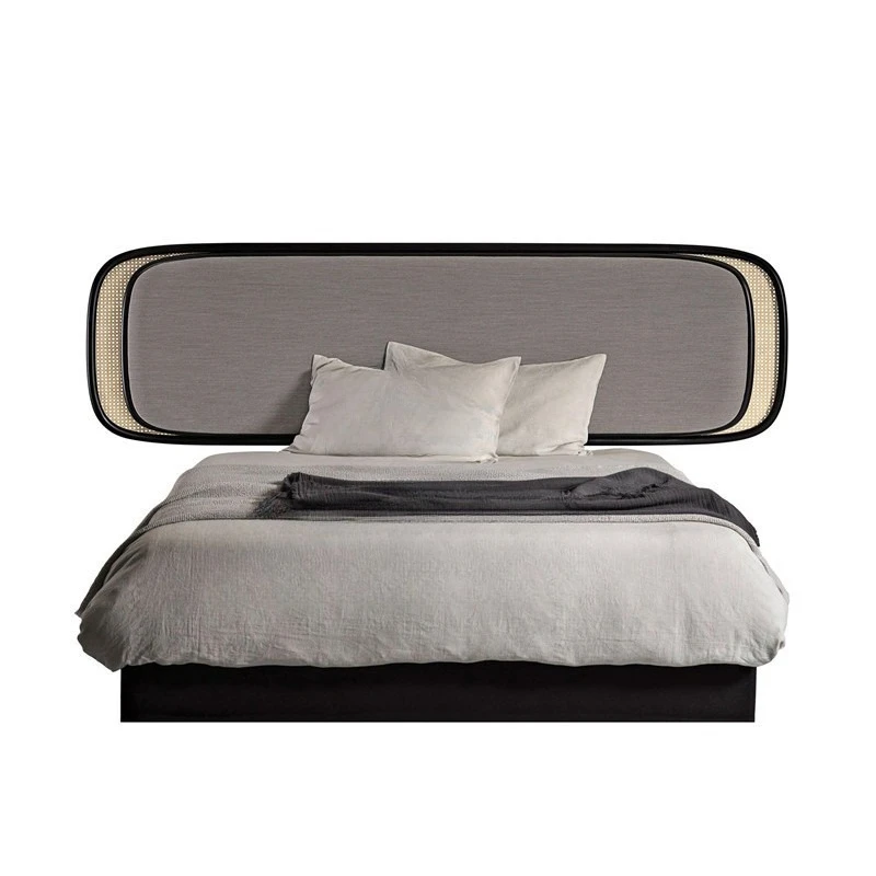 Light luxury minimalist double wedding bed, new Chinese solid wood rattan art villa zen hotel furniture