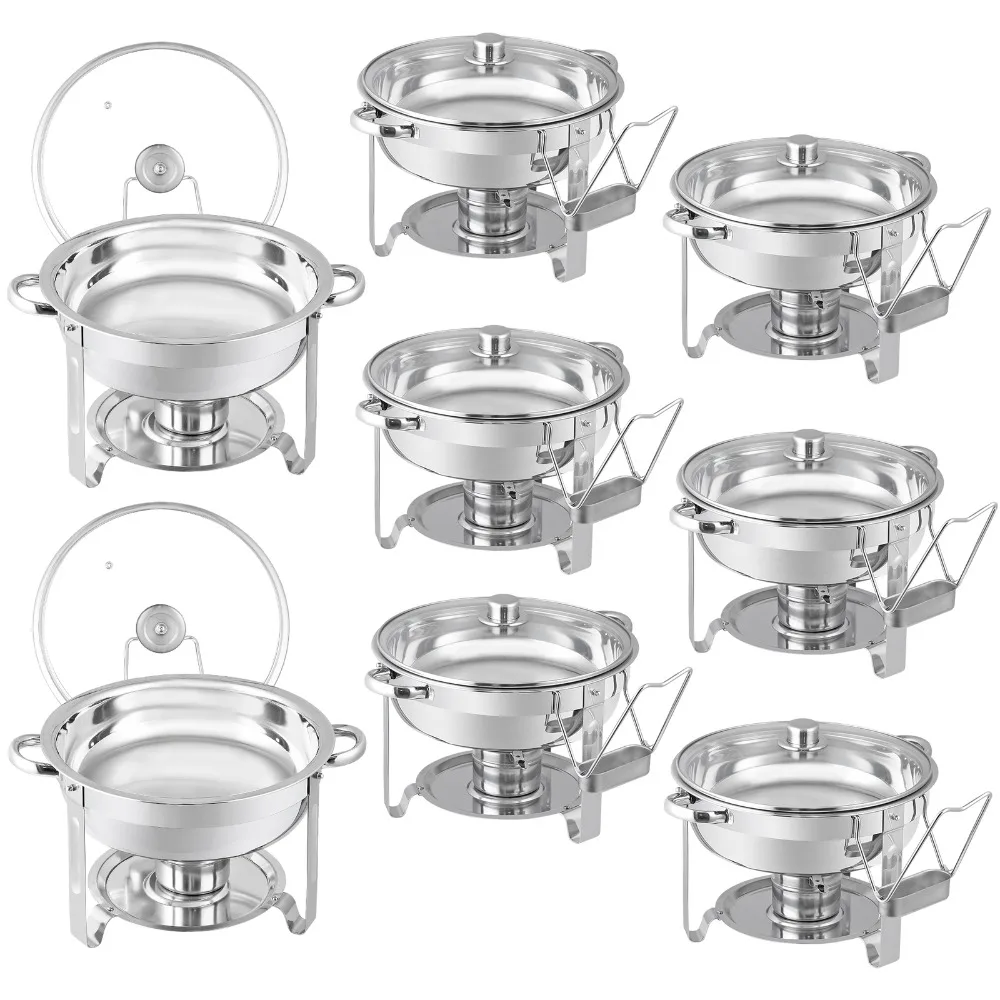 

8 Pack Chafing Dish Buffet Set Round w/ Glass Lid & Lid Holder for Wedding Party