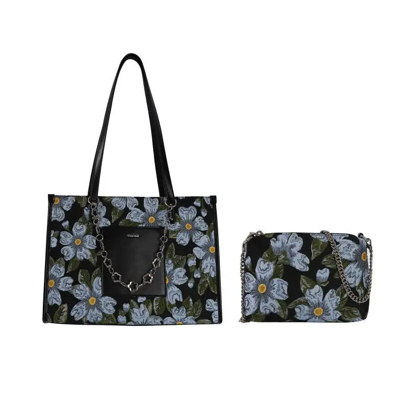 JBTP bolso de hombro de gran capacidad, bolso de mano de cuero Pu con estampado de flores, cadena de letras, estilo de jardín, Vintage, elegante