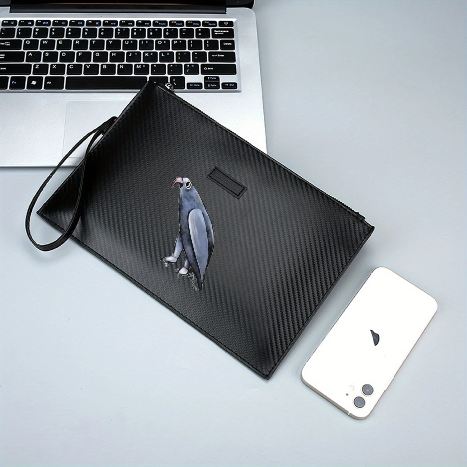 Stylized bird standing black background Elegant Printed PU Men's Handbag Fashionable and Practical for Everyday Carry