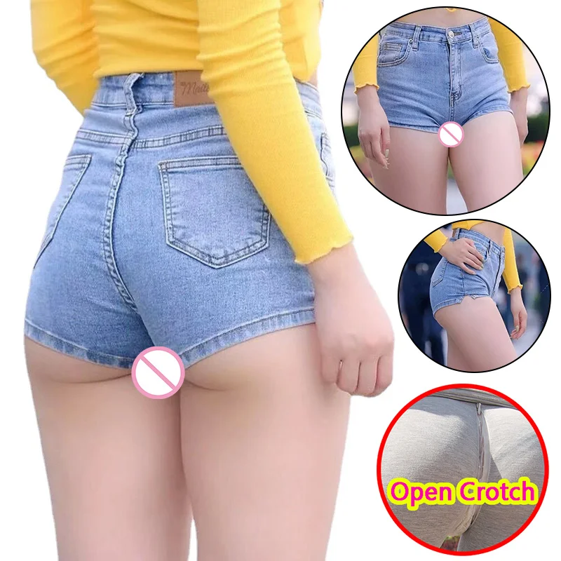 Woman Sexy Open Crotch Mini Jeans Erotic Crotchless Pants with Hidden Zipper Push Up Booty Lift See through Shorts Outdoor Sex