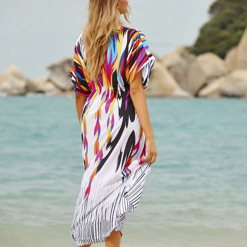 Frauen Boho Ethnische Regenbogen Drucken Badeanzug Cover Up Mehrfarbige Streifen Strand Maxi Kleid Sexy Tiefem Seite Split