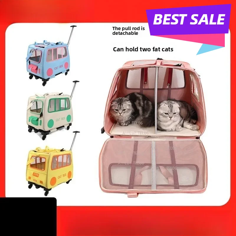 Foldable Pet Rolling Carrier 4 Wheel Detachable Cat Box for Two Cats Travel Portable Cage