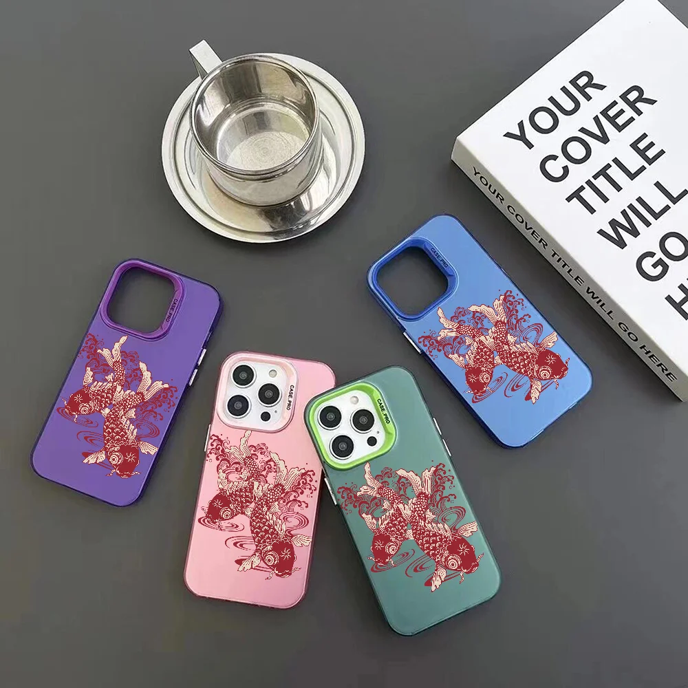 Red Koi Phone Case IMD Color Silver Shell For IPhone 16 15 14 13 12 Pro Max Plus