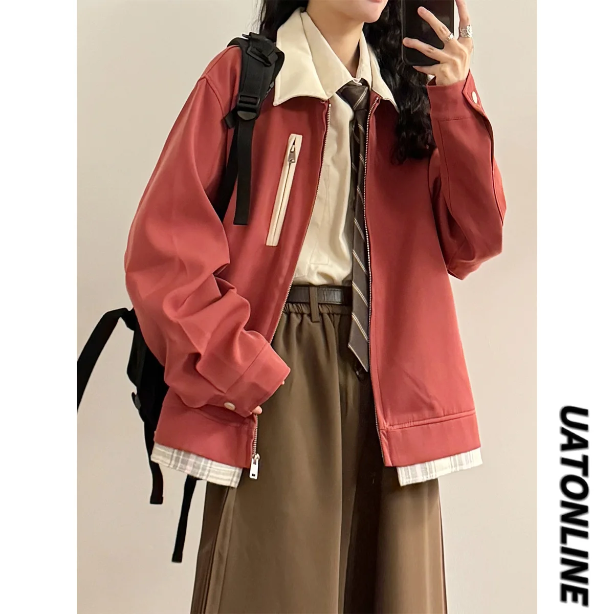 

UATONLINE2025 Весенняя женская куртка в американском ретро-стиле с пэчворком и цветными блоками, воротником-стойкой, модная уличная верхняя одежда