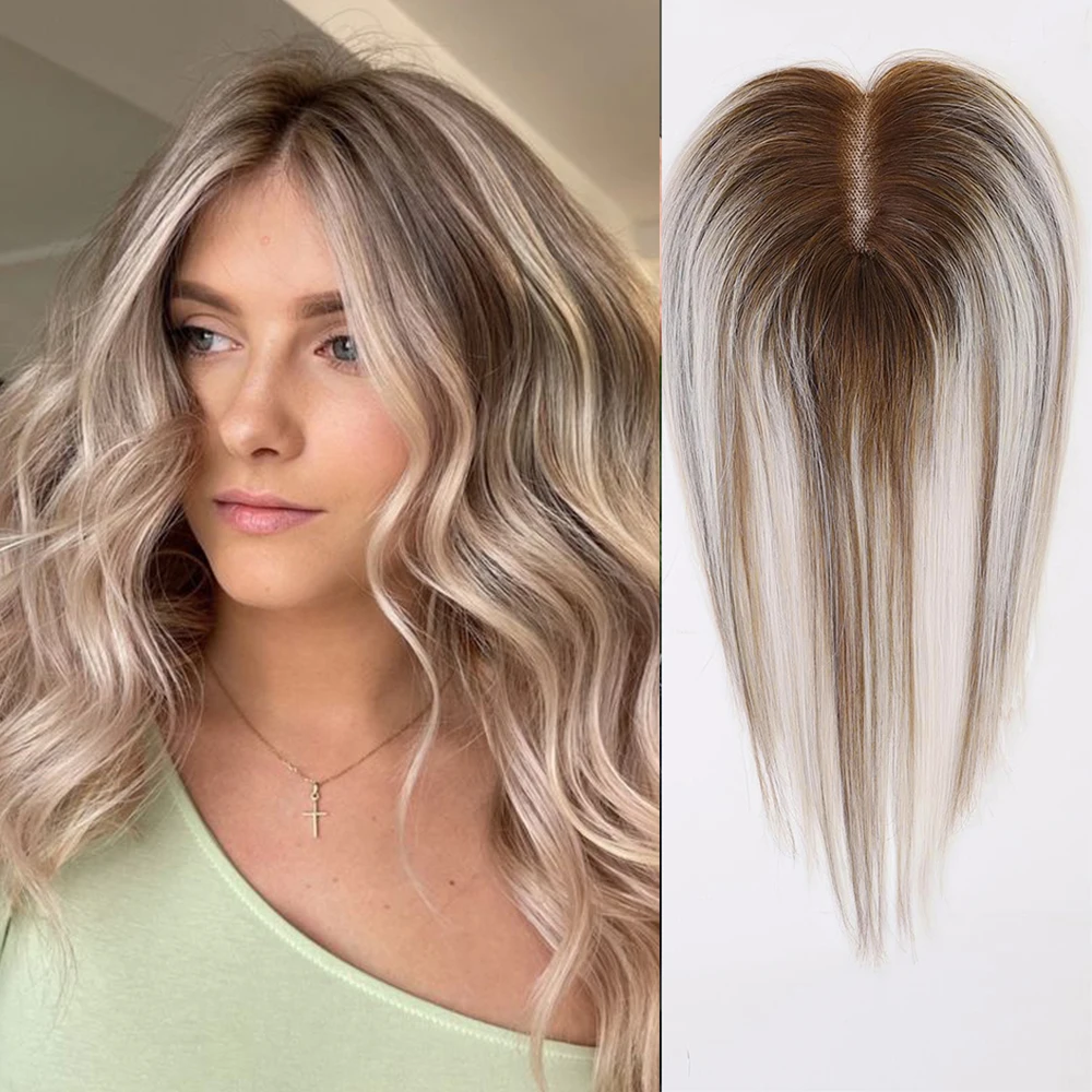 Grijs Platinablond Gemengd 100% Remy Menselijk Haar Toppers Clips in Haar Kant Basis Haar Topper Hair Extensions voor Vrouwen 12 inch