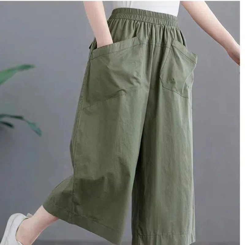 Summer 2024 Women\'s New Spliced Elasticized High-waisted Pocket Solid Color Minimalist Comfortable Casual Loose All-match Capris