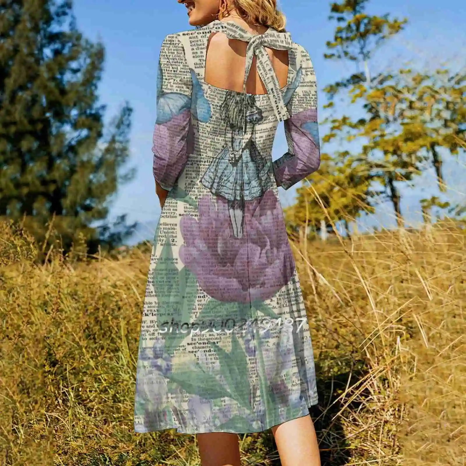 Alice In-Garden Flare Dress Square Neck Dress Elegant Female Fashion Printed Dress Alice In Tea Party Lewis Carroll Book Quote