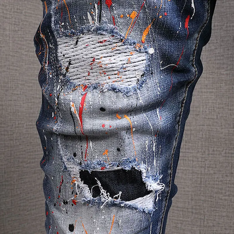 Streetwear Fashion Men Jeans Retro Blue Stretch Slim Fit Hole Ripped Jeans Men Painted Designer Hip Hop Vintage Pants Hombre