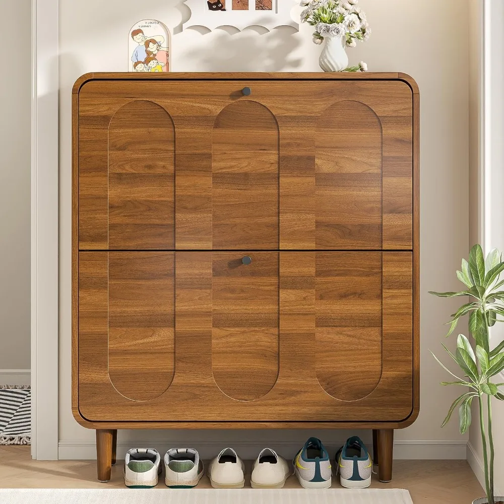 

Узкий шкаф для обуви в прихожую с 2 откидными ящиками, изогнутый шкаф для обуви с арочными полосатыми панелями, на заказ