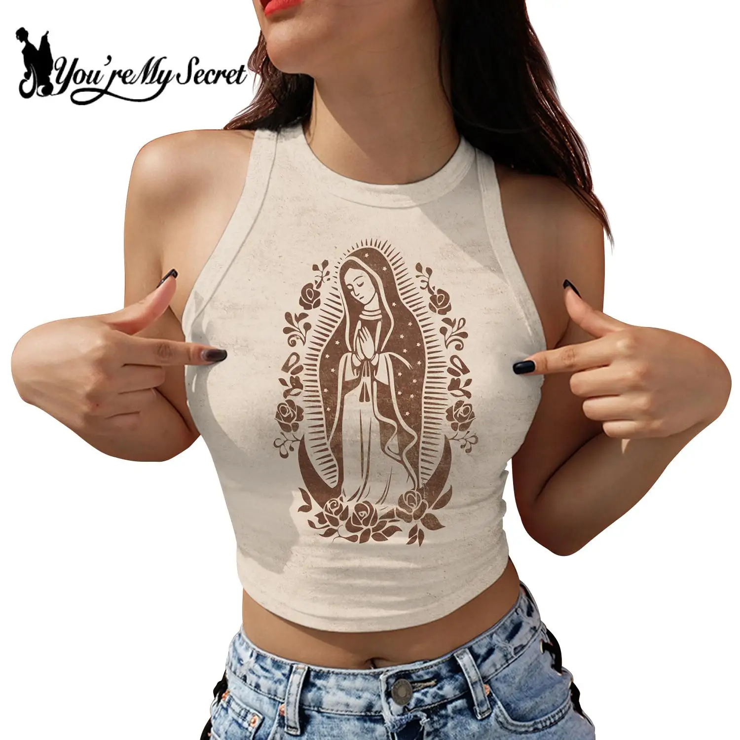 Women Y2K Halter Crop Top Virgen De Guadalupe Print Sleeveless Camisole Our Lady Of Guadalupe Vest Gothic Streetwear Summer Vest