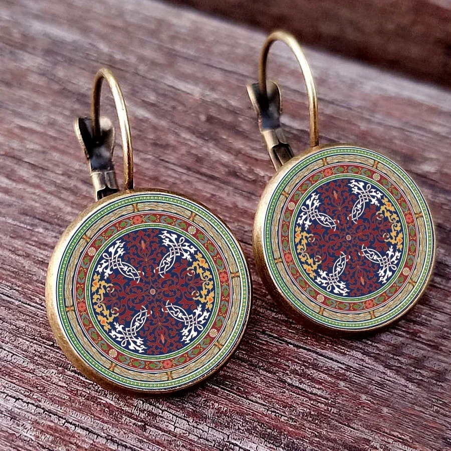 Ancient pattern grotto art glass dome round pendant earrings for women, mysterious vintage pattern earrings for women\'s gifts