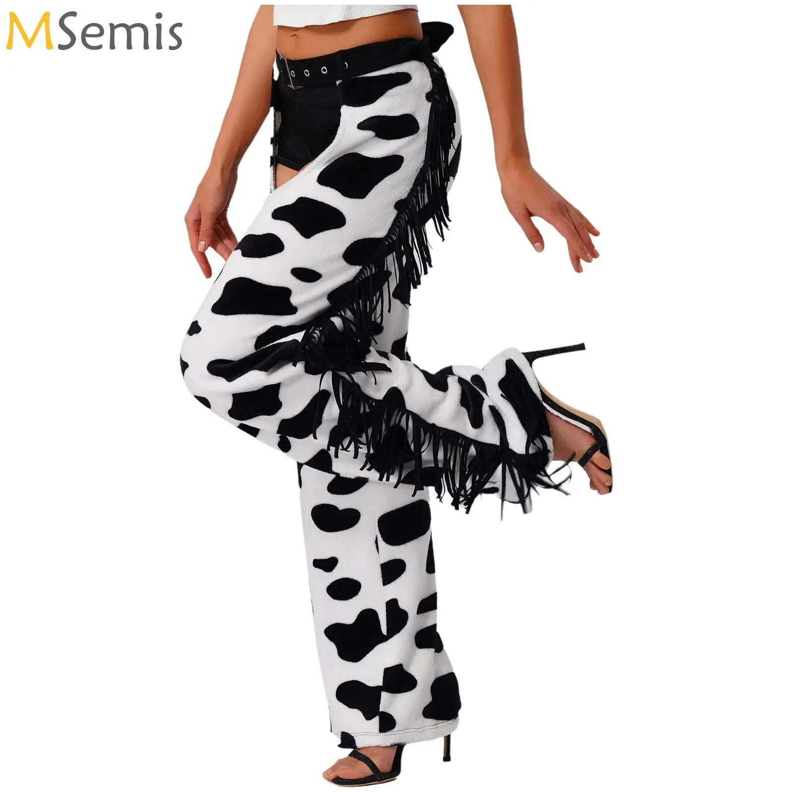 

western cowgirl pants for woman Cow Spot Pattern Flannel Long Pants Adjustable Waist Open Crotch Biking Riding Cowgirl Chaps