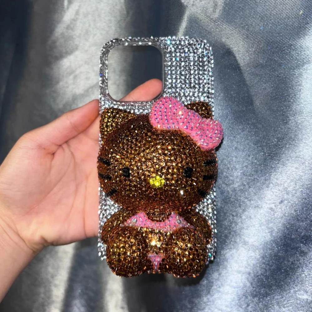 مرحبا كيتي حجر الراين بلينغ كريستال قضية الهاتف سلسلة آيفون 17 16 15 14 13 12 11Pro ماكس X Xs XR 7 8 زائد الوفير الشفاف