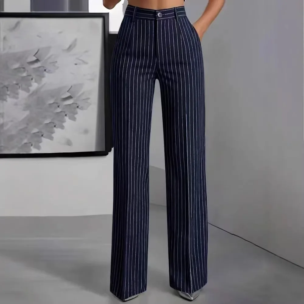 2026 Women's Vertical Stripe High Waist Straight Leg Long Pants Slimming Comfortable Versatile Casual Commuter Female Trousers