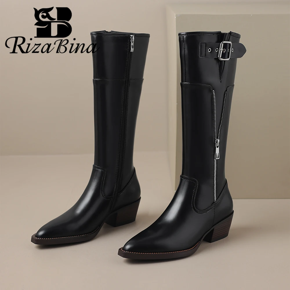 

RIZABINA Real Leather Women Knee High Boots Warm Plush Wedges Heel Western Boots Ladies Buckle Design Zipper Fashion Long Boots