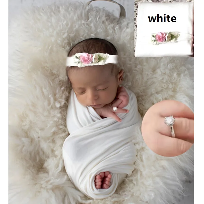 

Premium Newborn Photo Kit - Elastic Swaddle with Cupid Rings & Floral Headband - Studio Beanbag Posing Props (Angora Blend)