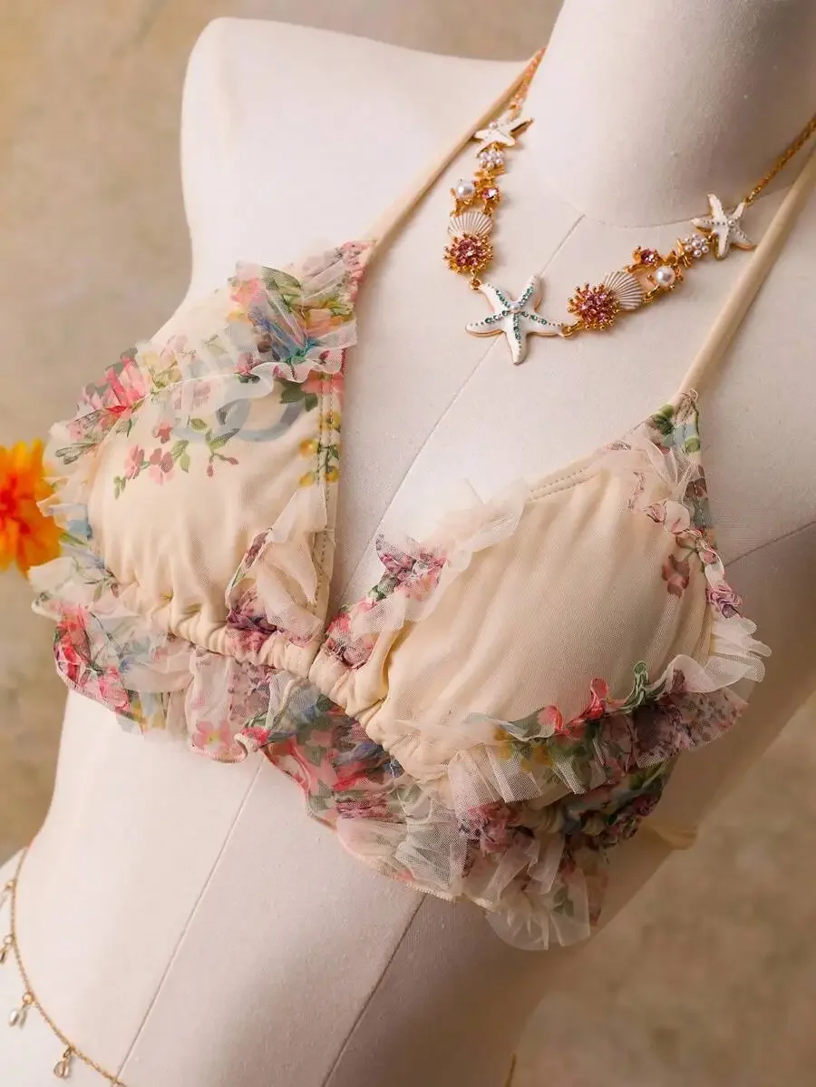 

Floral Ruffled Triangle Bikini Top With Spaghetti Straps For Beach Vacation