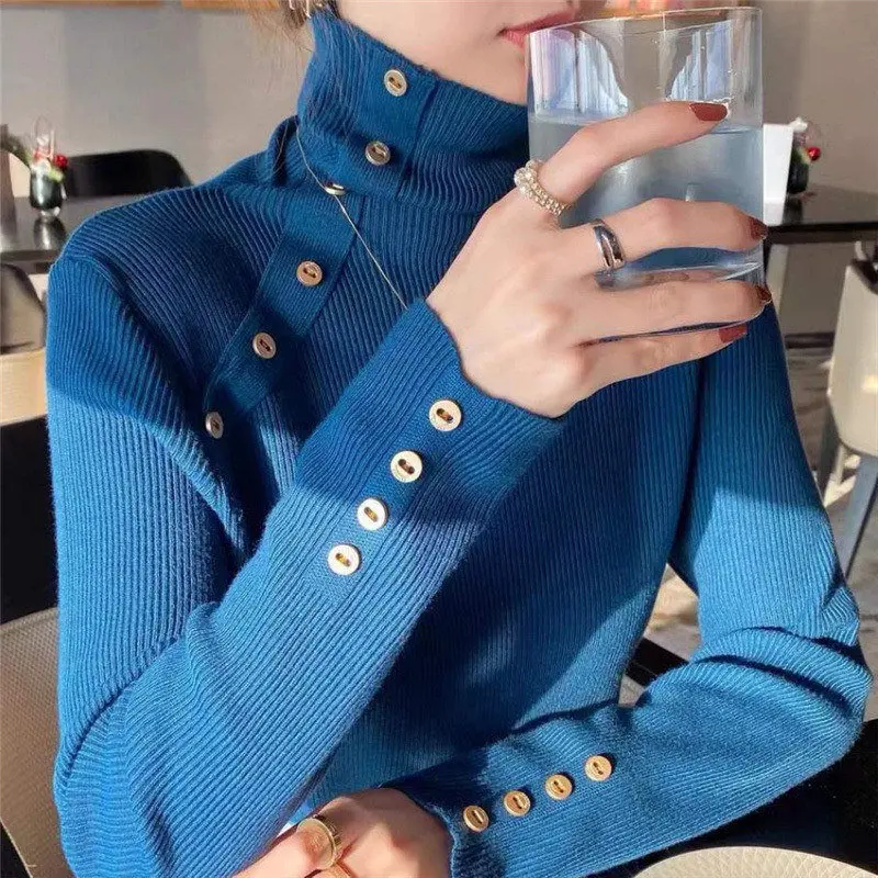 Autumn Winter Women Turtleneck Button Chic Basic Knitwear Elegant Office Lady Solid Pullover Top Knitted Sweater Jumper Clothing