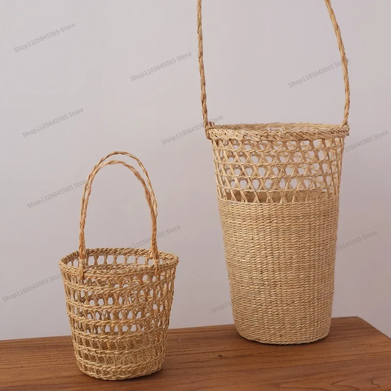 For straw size flower basket yellow grass woven bag travel vacation beach bag solid color handbag rattan bag